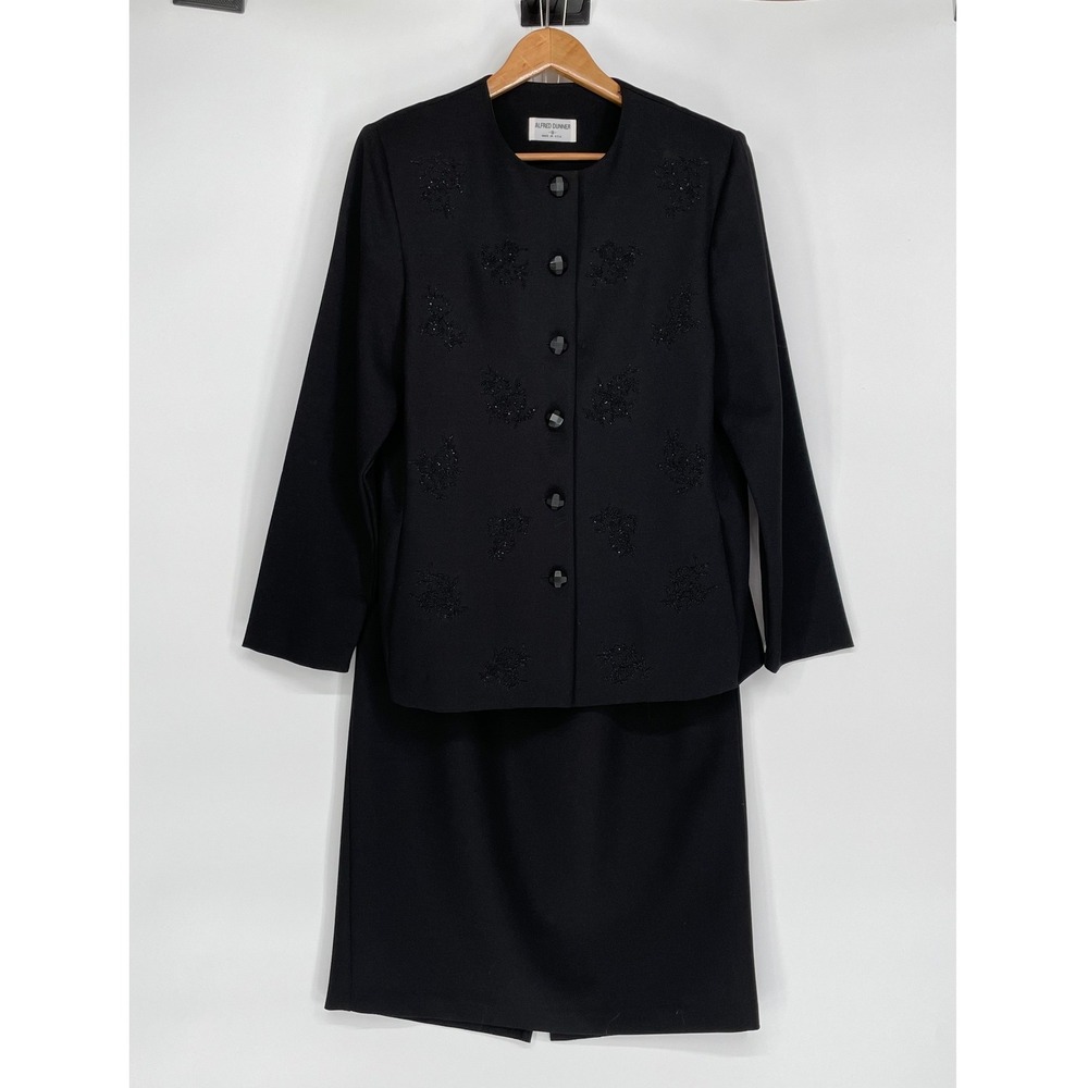 Vintage Alfred Dunner Womens Skirt Suit 8/10 Set Black Beaded Floral USA‎ Formal